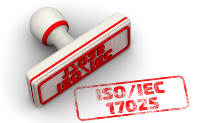 ISO/IEC 17025. The seal. One white seal and red imprint with text ISO/IEC 17025 (TESTING AND CALIBRATION LABORATORIES). 3D illustration