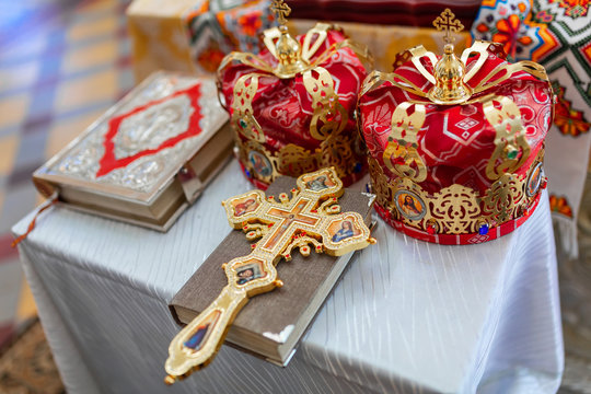 Orthodox wedding crowns, church icons, church books, gospel