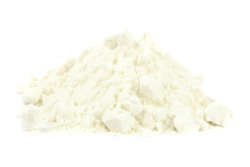 Closeup of tapioca starch or powder flour on a white background. Powder starch on a white background. Pile potato starch isolated on a white background. Heap of corn starch on a white background.