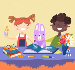 Two young multiracial kids, a boy and girl, reading a picture book with their rabbit seated at a table, colored, vector illustration
