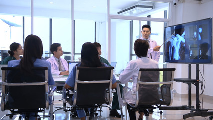 Medical concept. The male and female doctors are meeting together in the room. 4k Resolution.
