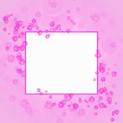 It's spring time! Blank white card with purple frame and purple flowers on pink background. Illustration.