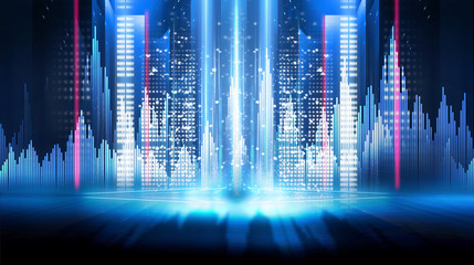 Abstract futuristic city, night view. Dark scene neon light, smoke, smog. Empty futuristic landscape. Geometric lines.