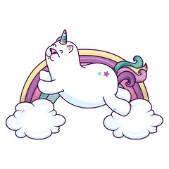 cute cat unicorn with rainbow and clouds vector illustration design