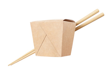 Wok paper box with chopsticks, isolated on white background