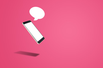 Business Communication Concept : Black Smartphone with blank white screen and speech bubble on pink background.