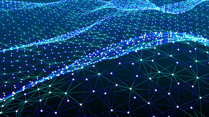Network of bright connected dots and lines. Abstract dynamic wave of many points. Big data. Perspective grid of points and lines. Digital background. 3D rendering.