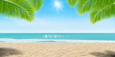 Fototapeta na wymiar Summer Vacation and Travel Holiday Concept : Palm leaves and Sand beach with blurred seascape view in summer seasonal.