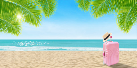 Summer Vacation and Holiday Trip Concept : Pink luggage and weave hat on sand beach with beautiful seascape view of sea and blue sky in the background.