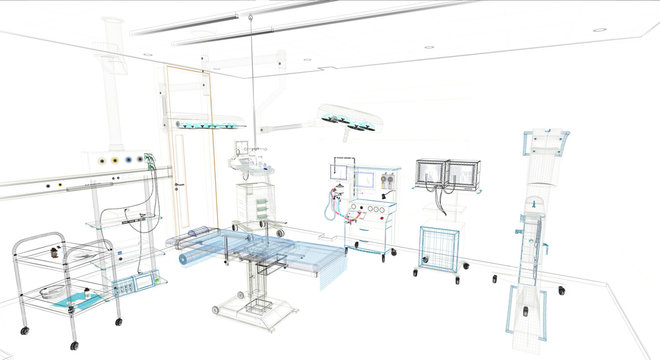 Modern operating room, empty, without staff, blueprint, 3d illustration, 3d rendering.