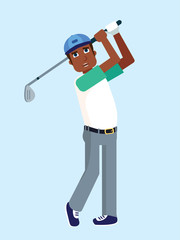 Golf player gaming with club isolated on blue