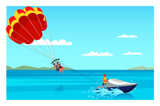 Parasailing illustration. Unforgettable experience. Sea resort and beach activities vector layout. Active and adventure holiday idea. Summer vacation.