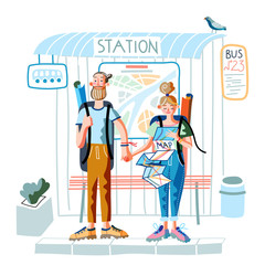 Man and woman travelers standing on bus station