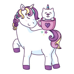 cute unicorn with cat unicorn in cup vector illustration design
