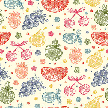 Hand Drawn Doodle Fruits with spiral pattern Seamless pattern. Abstract Colorful striped fruits and berries: watermelon, apple, pear, grapes, strawberries, plums, cherries. Vector illustration