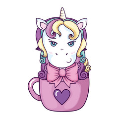head of cute unicorn fantasy in cup ceramic vector illustration design