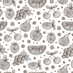 Hand Drawn Doodle Fruits with spiral pattern Seamless pattern. Abstract Black and white striped fruits and berries: watermelon, apple, pear, grapes, strawberries, plums, cherries. Vector illustration