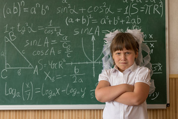 A girl in a white blouse near the school board writes mathematical formulas. Knowledge Day, back to school, concept.