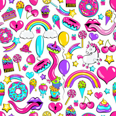 crazy doodle sweet pattern. unicorns, rainbows, donuts and sweets. fairy seamless pattern. Texture for fabric, wrapping, wallpaper. Decorative print.