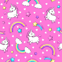 crazy doodle sweet pattern. unicorns, rainbows, stars and hearts. fairy seamless pattern. Texture for fabric, wrapping, wallpaper. Decorative print.