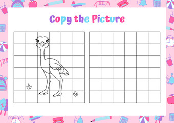 Ostrich. Copy the picture. Drawing activity for kids. Educational game for preschool children. Vector Illustration. 