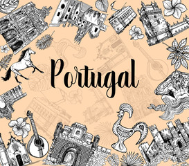 Poster card composition of hand drawn sketch style Portugal related objects. Isolated vector illustration.