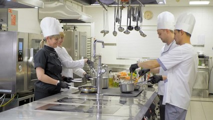 Cooks prepare meals on an electric stove in a professional kitchen in a restaurant or hotel