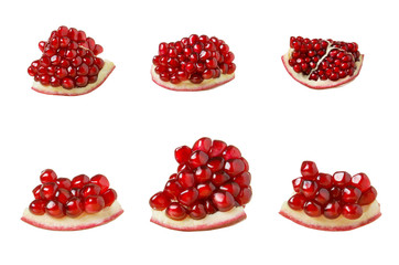 Pomegranate fruit slice set isolated on white background, red pomegranate pulp with grains, close up