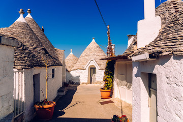 Beautiful single-storey houses of rounded construction called trulli, typical of the area of...