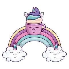 Fototapete Wolken süßes tasseneinhorn mit regenbogen und wolken kawaii style icon vector illustration design