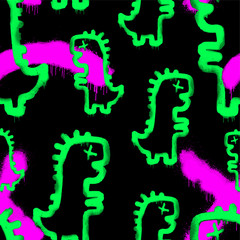 Vector seamless pattern of hand drawn grunge dinosaurs graffiti tags on black background. Vector hip hop endless doodle style hand drawn background.