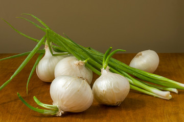 White onion and green on wooden table background