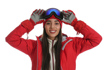 Woman wearing stylish winter sport clothes on white background