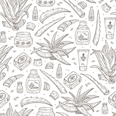 Health and beauty Vector background. Hand drawn Cosmetics and medicaments made from Aloe and Aloe Vera plant Seamless pattern. Alternative medicine, treatment and body care with aloe ingredients.