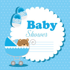baby shower card with teddy bear and icons vector illustration design