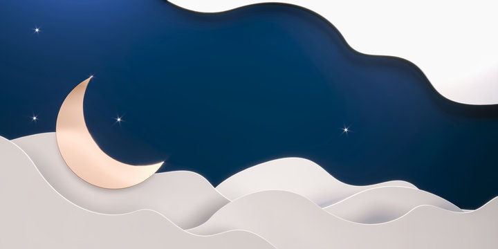 Crescent, Moon, stars on Muslim feast. Holy islam religious month. Ramadan mubarak invitation with paper cut clouds. Sleep time, sleepy card with Golden decor and copy space. Ramadan Kareem background