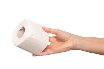 Close-up of a woman hand using toilet paper isolated on a white background