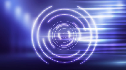Dark futuristic neon background. Light center, neon circle. Rays and lines, geometric shapes.
