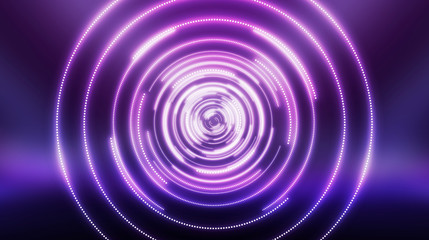 Dark futuristic neon background. Light center, neon circle. Rays and lines, geometric shapes.