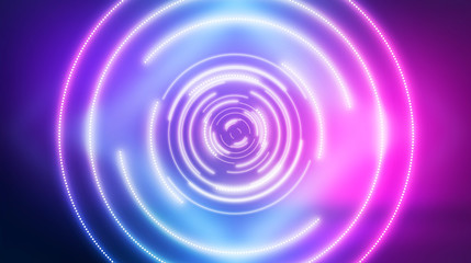 Dark futuristic neon background. Light center, neon circle. Rays and lines, geometric shapes.