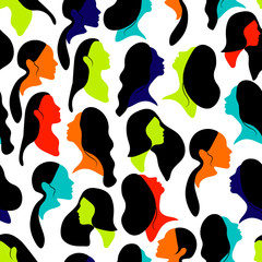 International Women's Day. Vector seamless pattern with women colorful faces. Flat illustration with colorful faces and black hair. Abstract art