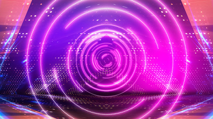Dark futuristic neon background. Light center, neon circle. Rays and lines, geometric shapes.