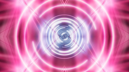 Dark futuristic neon background. Light center, neon circle. Rays and lines, geometric shapes.