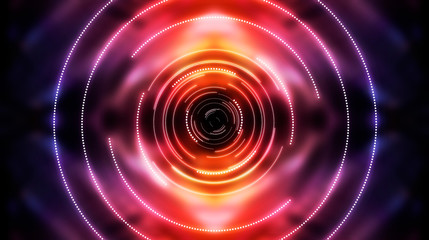 Dark futuristic neon background. Light center, neon circle. Rays and lines, geometric shapes.
