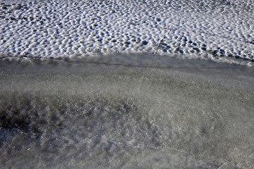 Melting ice on the Baltic Sea. Beautiful texture. Wet half melted ice with some snow on it. Photographed in Finland during a warm and sunny spring day. Is this change of climate or just seasons?