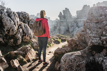 Young woman explorer with her backpack hiking in the mountains. Concept of adventure, excursion and trips.