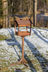 A wooden bird feeder in a dark forest stands on the ground. Shallow depth of field. There is a tint