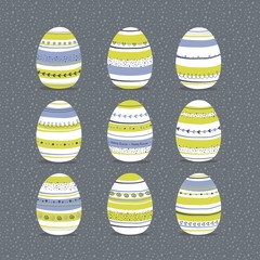Set of Easter eggs. Stripes, waves, dots, hearts, stars. Perfect for holiday greetings. Vector illustration.