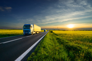 Blue trucks driving on the asphalt road between the yellow flowering rapeseed fields in the rural landscape at sunset