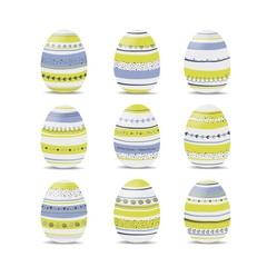Set of Easter eggs. Stripes, waves, dots, hearts, stars. Perfect for holiday greetings. Vector illustration.